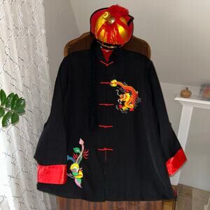 Grace Chuang New York Black Dragon Jacket Red Lining & emperor Hat Sz XXL